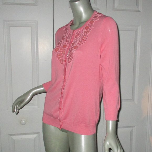 TALBOTS Coral Pink Beaded Cardigan Sweater Size Medium New - Picture 3 of 6